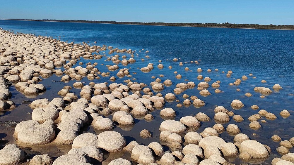 A rocky shoreline with clear blue water. 3