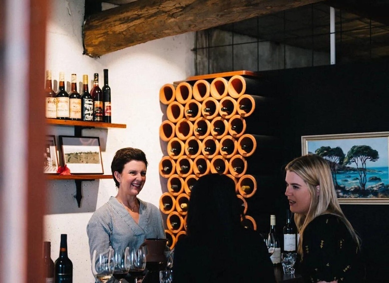 A wine tasting event with a wine rack and bottles on shelves. 5