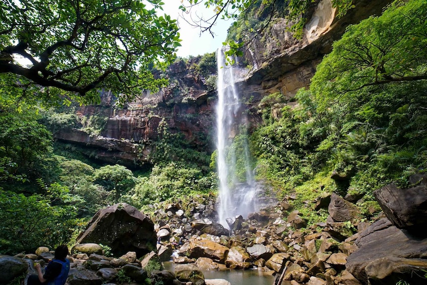 A waterfall surrounded by lush greenery and rocky terrain. 3