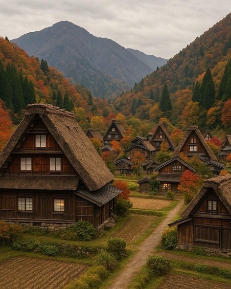 A village with traditional wooden houses and a mountain in the background. 1