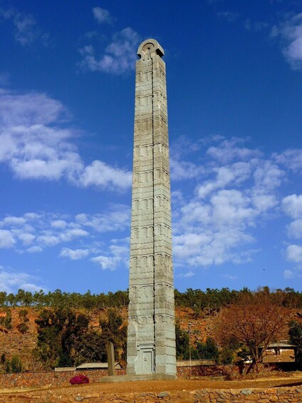 A tall, narrow stone monument with carvings, set against a clear blue sky and surrounded by trees and shrubs. 1