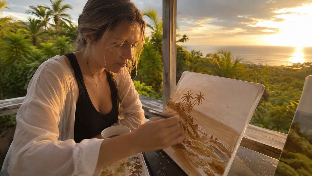 A person painting a landscape with palm trees and the ocean. 3