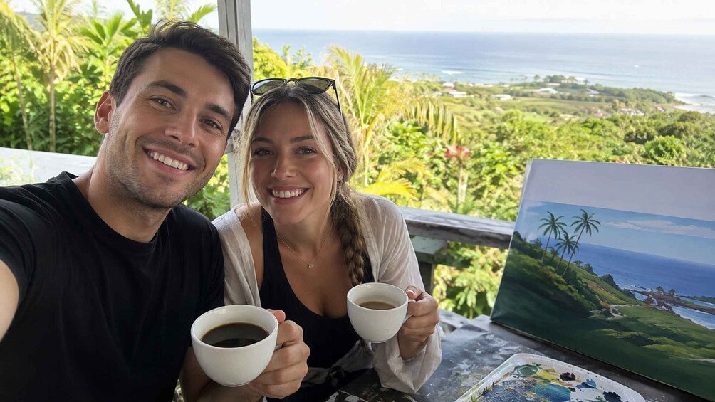 A couple holding coffee cups, a painting of a tropical landscape, and a view of the ocean. 4