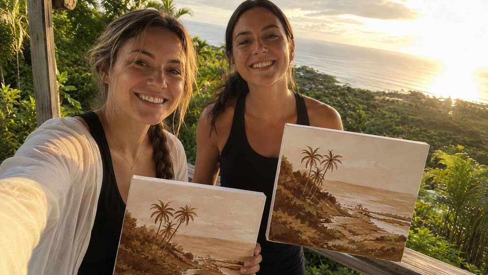 Two individuals holding framed artwork with palm trees and a beach scene. 2