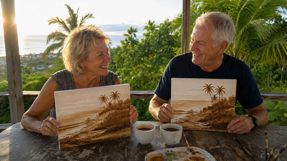 Two people sitting at a table with paintings of a beach scene, two cups of coffee, and a wooden table. 5