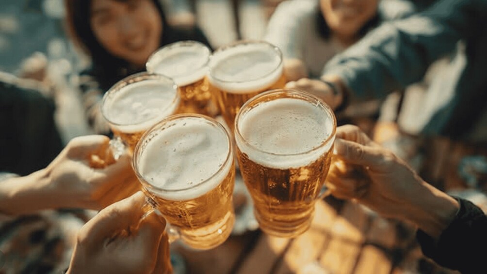 A group of people toasting with beer glasses. 5