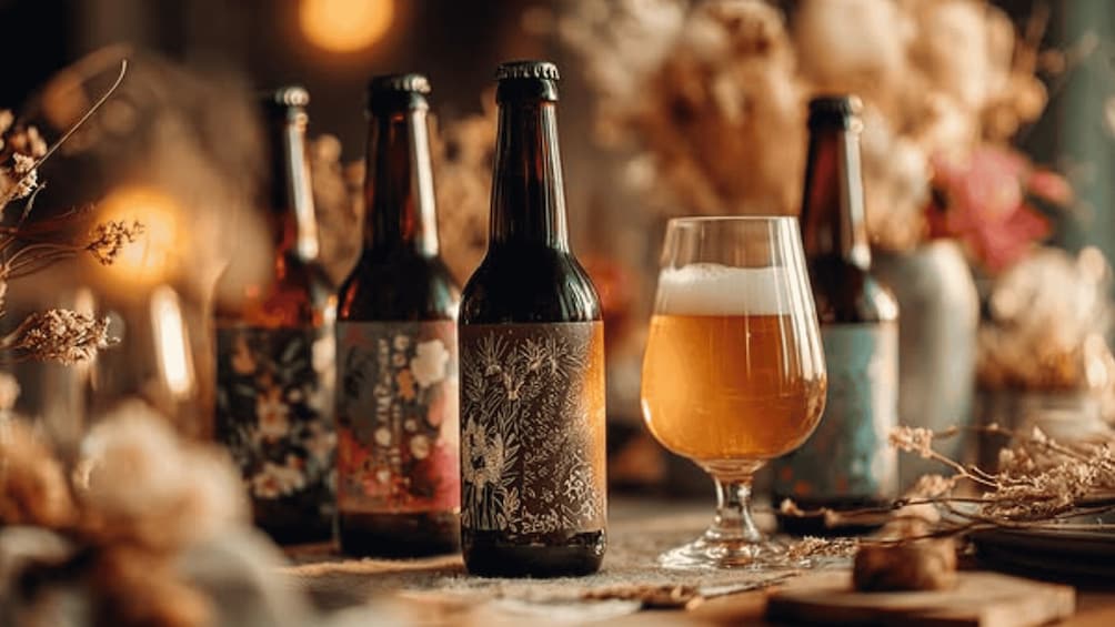 A glass of beer with bottles in the background. 3