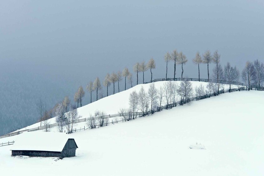 A snow-covered hill with a wooden fence and a small building at the base. 2