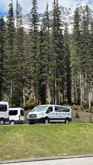 A parking area with two white vans and a light blue vehicle, surrounded by a dense forest and snow-capped mountains in the background. 4