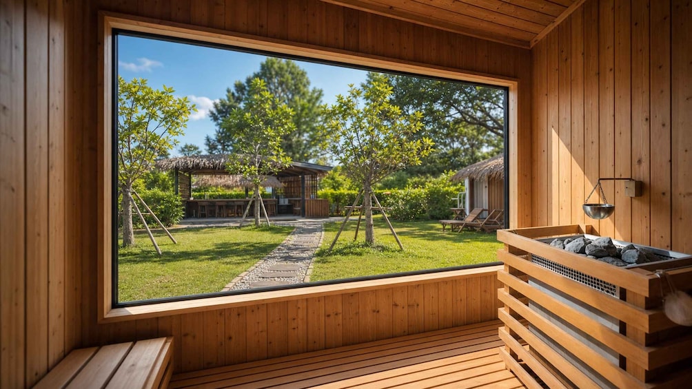 A wooden sauna with a large window overlooking a garden with a thatched-roof structure and a swing set. 3