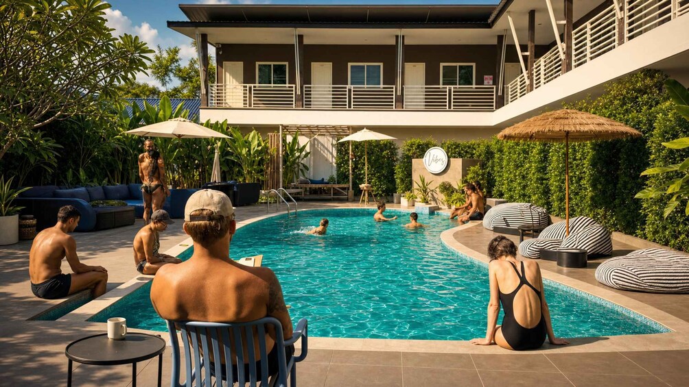 A swimming pool with people swimming and relaxing, surrounded by lounge chairs and umbrellas. 1
