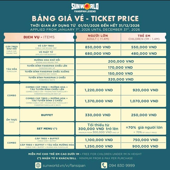 A ticket price chart for Sunworld Fansipan Legend, detailing various ticket options and prices for adults and children. 3
