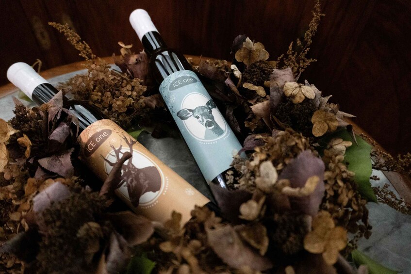 Two bottles with deer images and the text 'ICE one' amidst dried flowers and greenery. 1