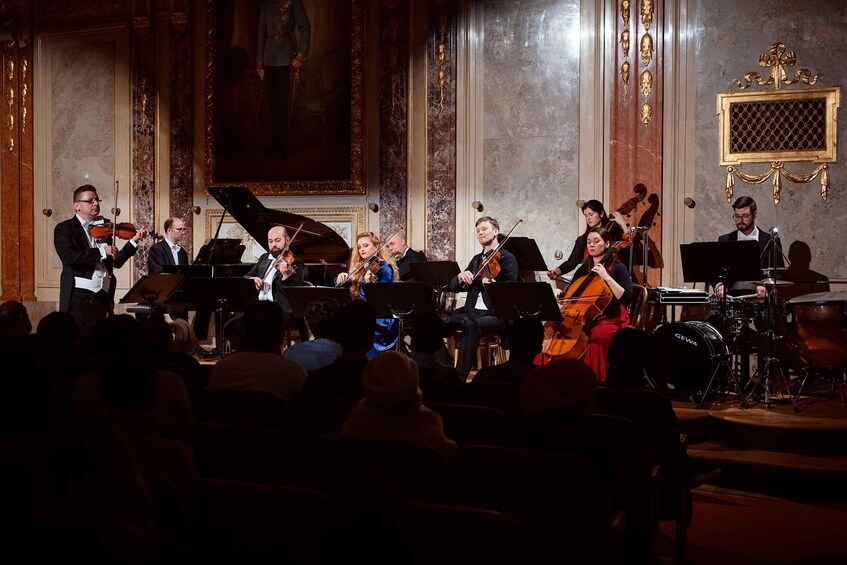 A classical music concert with musicians on stage and an audience seated in a grand hall. 4