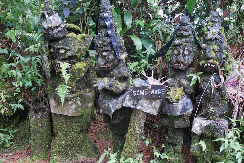 Stone statues with moss, a sign reading 'SOME WAGE,' and dense foliage in the background. 4