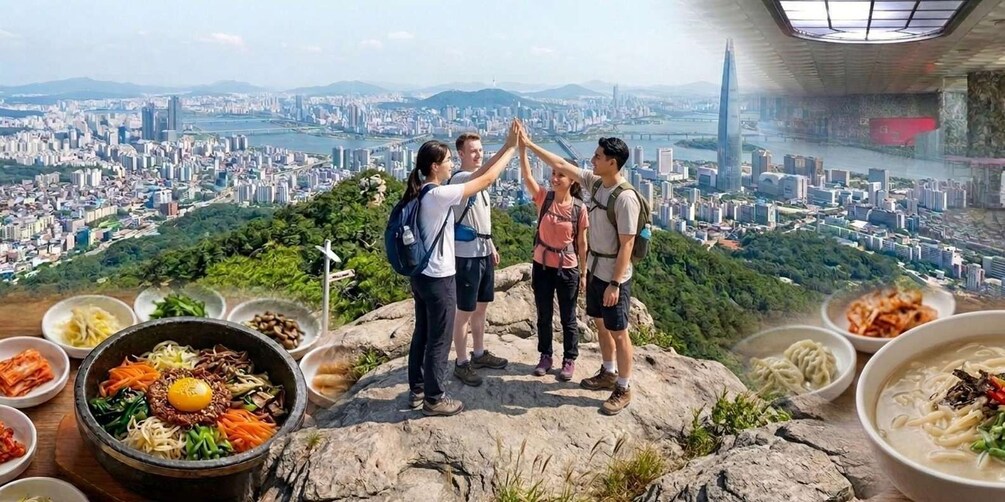 A group of people on a mountain overlooking a cityscape with food dishes in the foreground. 1