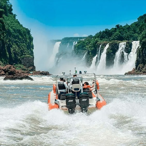 A boat navigating through a waterfall. 3