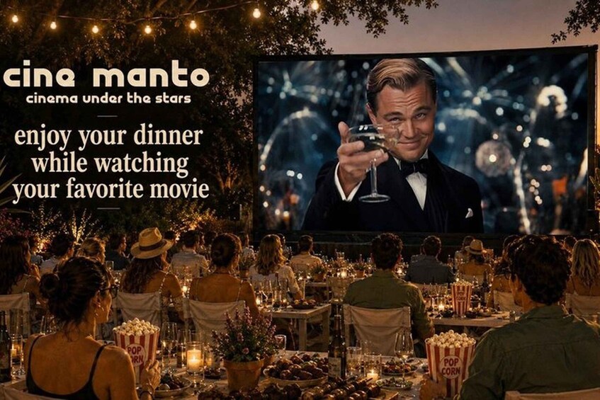 An outdoor cinema under the stars with a large screen displaying a movie, surrounded by guests dining and watching. 1