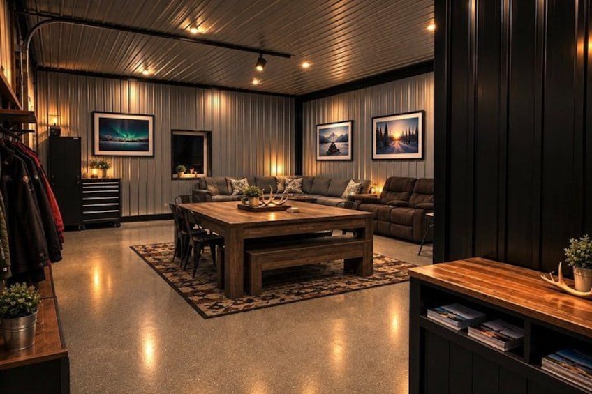 A modern living room with a wooden coffee table, leather sofas, and framed pictures on the wall. 1