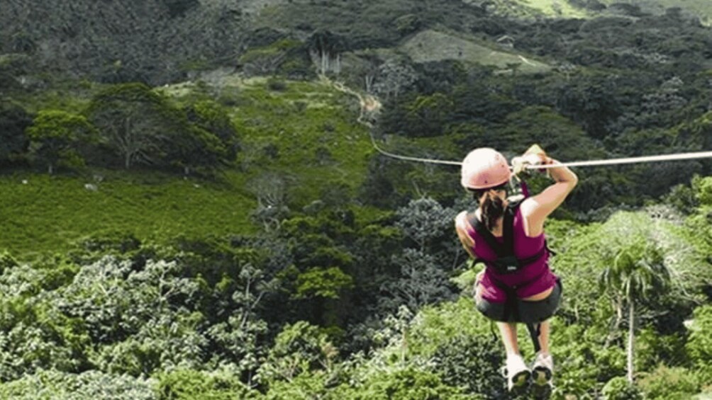 A person ziplining over a lush green landscape. 2