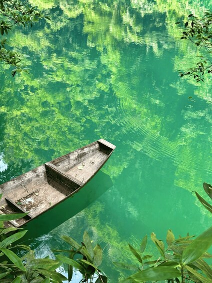 A wooden boat on calm green water surrounded by lush greenery. 3