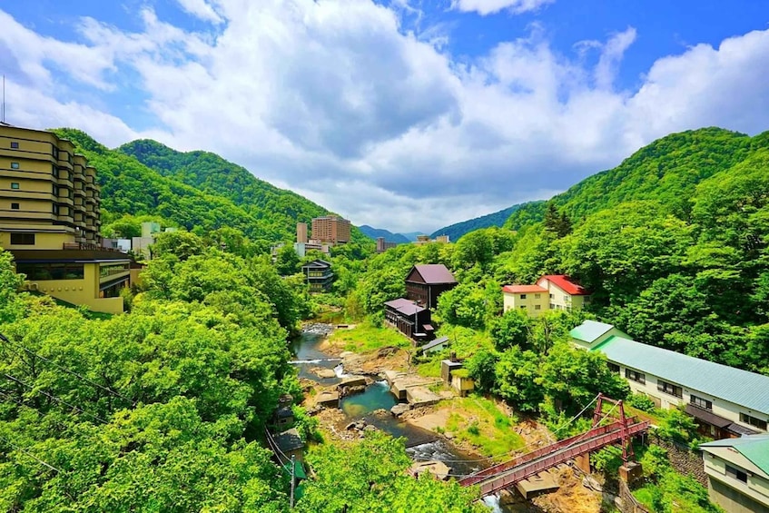 A river flowing through a valley with buildings and a bridge. 1