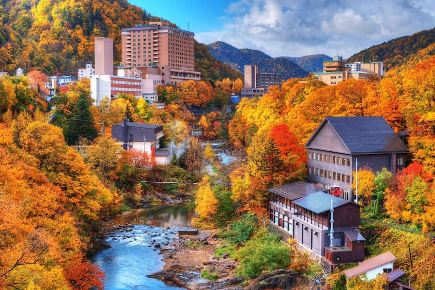 A river flowing through a town surrounded by autumn-colored trees. 4