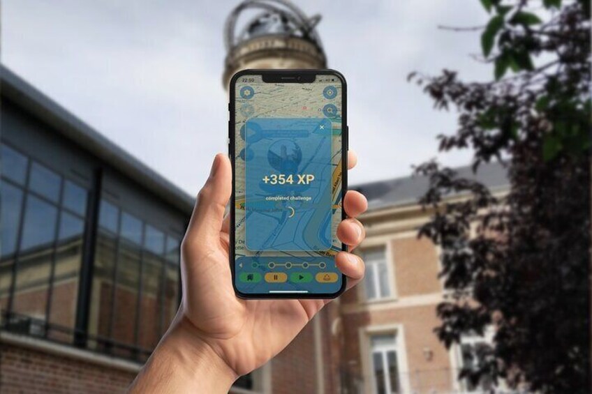 A hand holding a smartphone displaying a map with '+354 XP' and 'completed challenges' against a building backdrop. 2