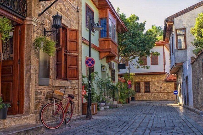 A cobblestone street lined with traditional buildings, a bicycle, and hanging plants. 5