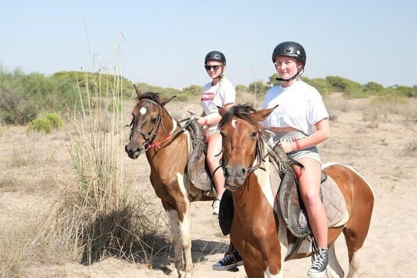 Two people riding horses on a sandy beach with sparse vegetation. 4