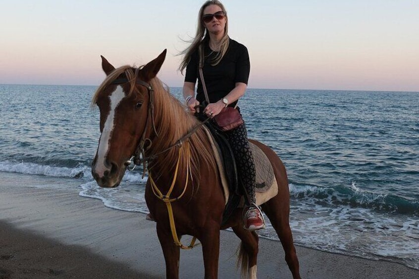 A person riding a horse on a beach with the ocean in the background. 3