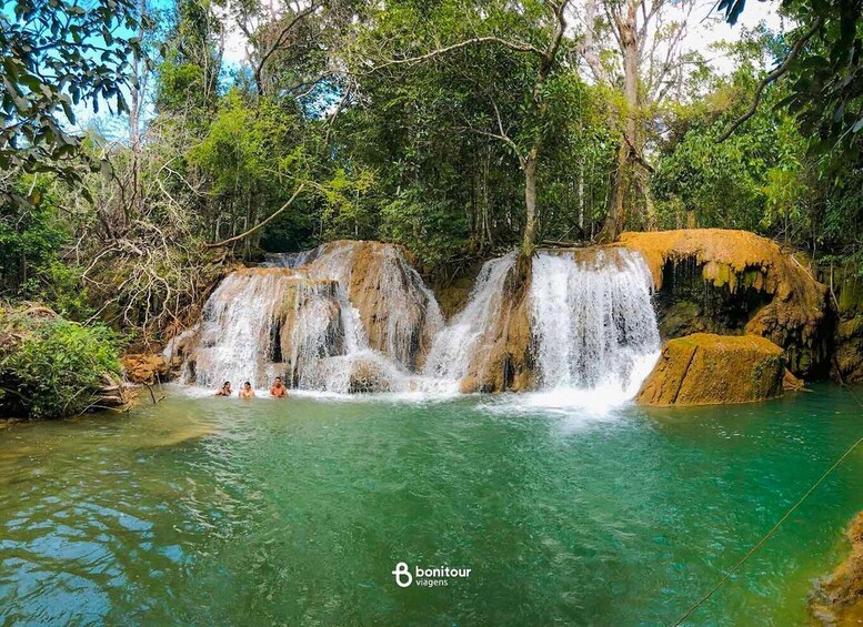 A waterfall in a forested area with clear water and people swimming. 5
