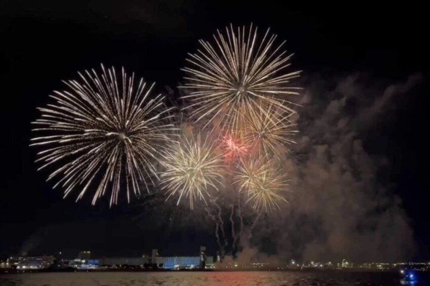 Fireworks over a city skyline at night. 2