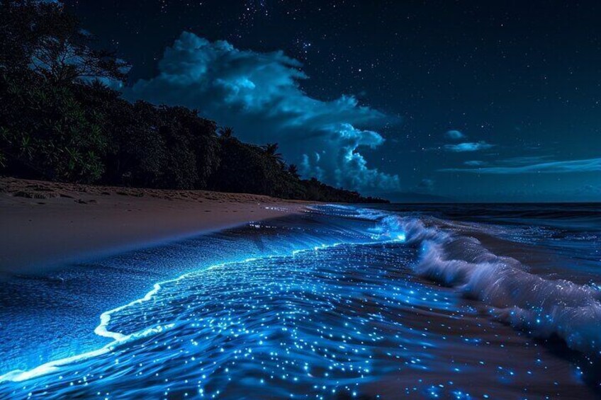 A beach at night with glowing blue sand and waves. 2