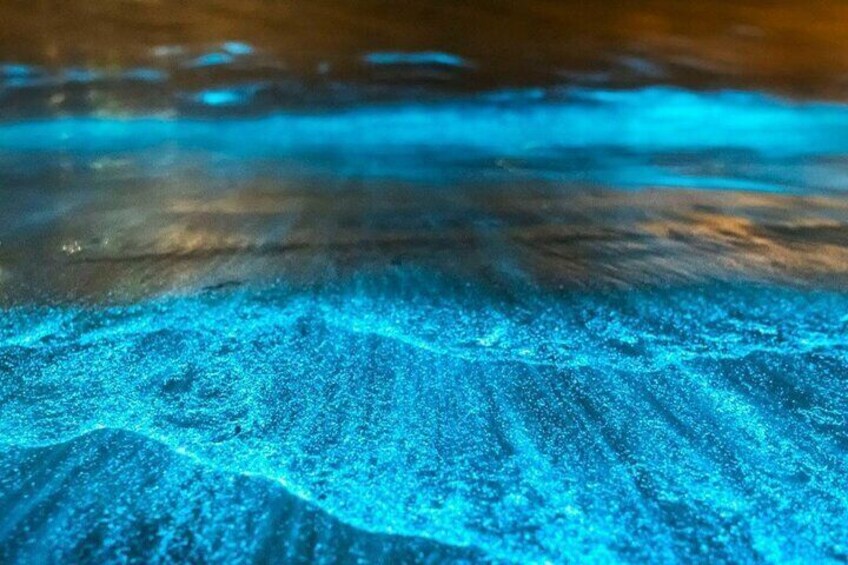 A close-up of a sandy beach with a blue glow beneath the surface. 4