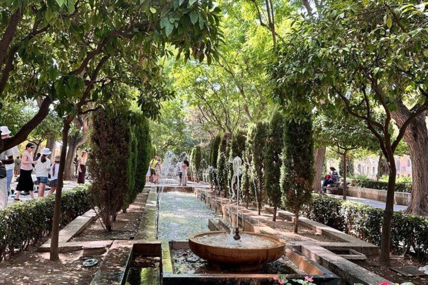 A garden with a central water feature, surrounded by trees and pathways. 5