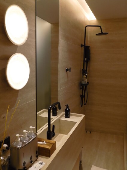 A modern bathroom with a large mirror, two sinks, a handheld showerhead, and a soap dispenser. 3