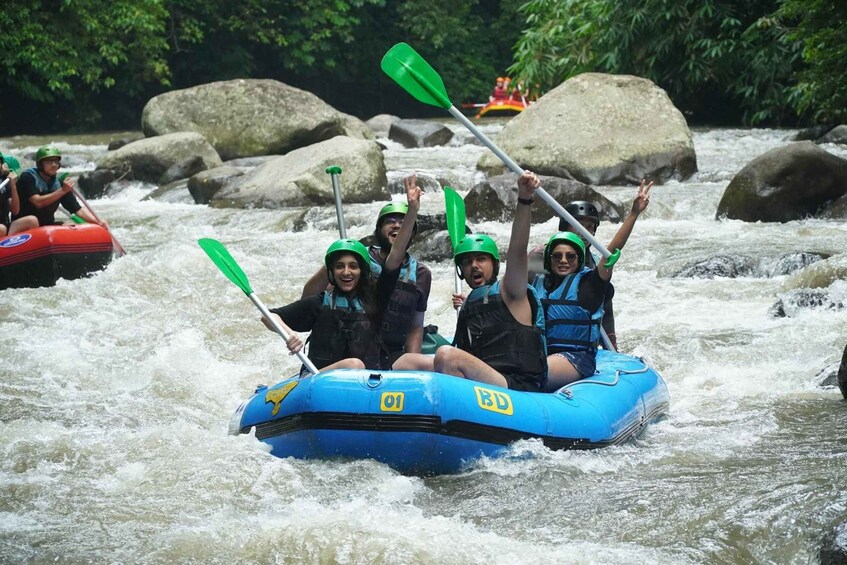 A group of people rafting on a river with rapids, surrounded by rocks and greenery. 2