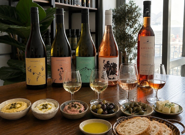 A selection of wine bottles and glasses on a table, accompanied by various dips and bread. 1