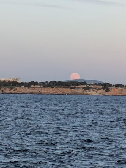 A body of water with a large moon in the sky and a distant shoreline with buildings. 5