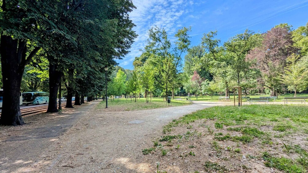 A park with a gravel path, trees, benches, and a bus in the background. 5