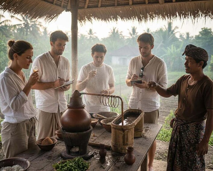 A group of people around a traditional cooking setup with a large pot and a metal container. 1