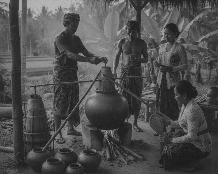 People around a large cooking pot, with smaller pots and a bamboo structure nearby. 3