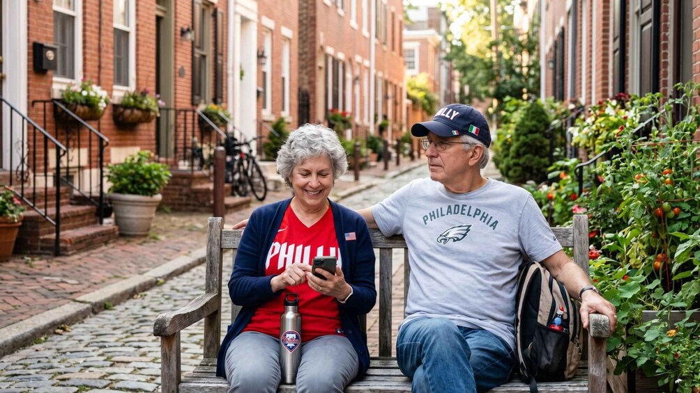 Two people sitting on a bench in a brick-paved street with potted plants and a bicycle in the background. 1
