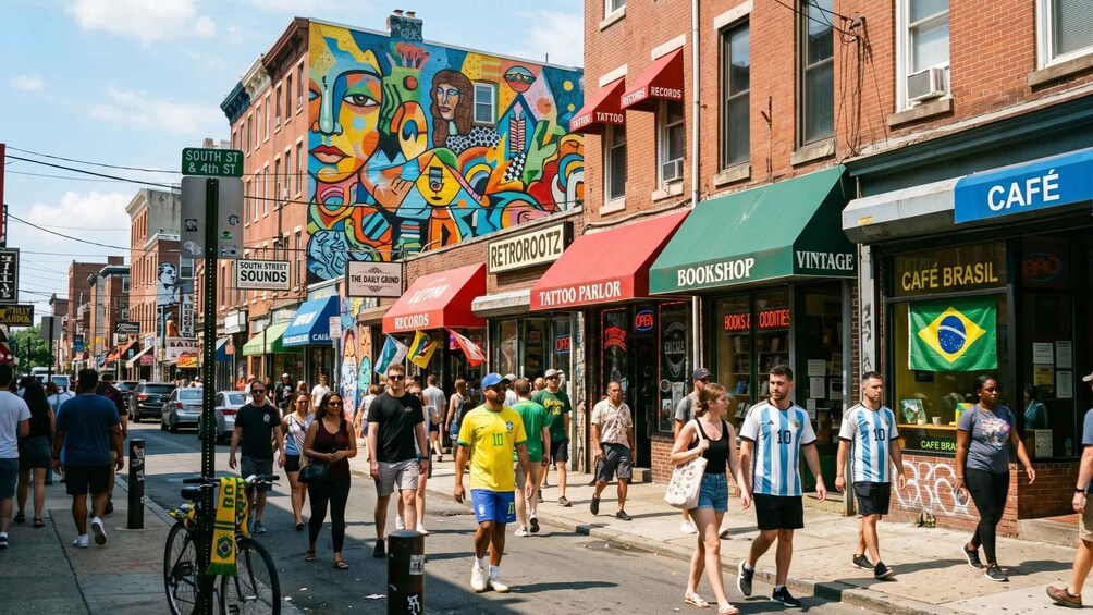 A busy street with pedestrians, a colorful mural, and various shops including a tattoo parlor and a vintage bookstore. 5