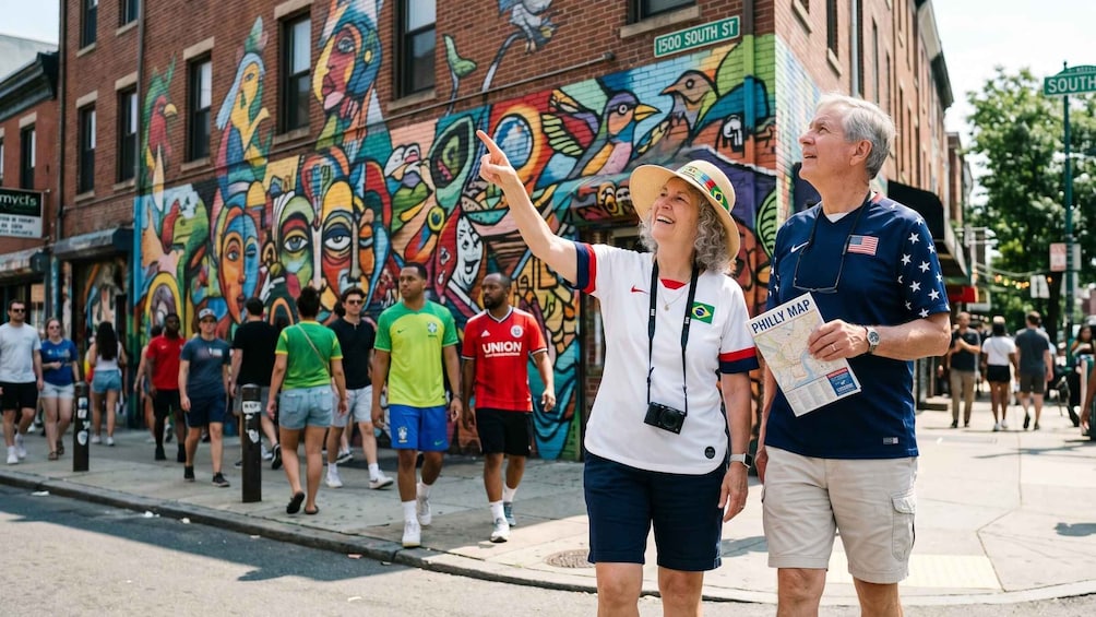 A street with a colorful mural, pedestrians, and a man holding a map. 3