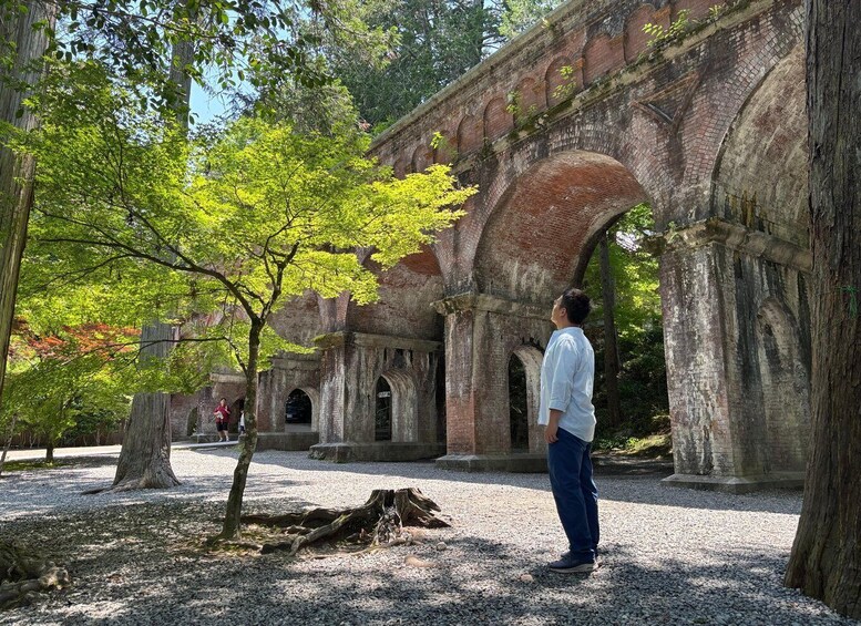 A person standing in a historical building with arches and a tree in the foreground. 2