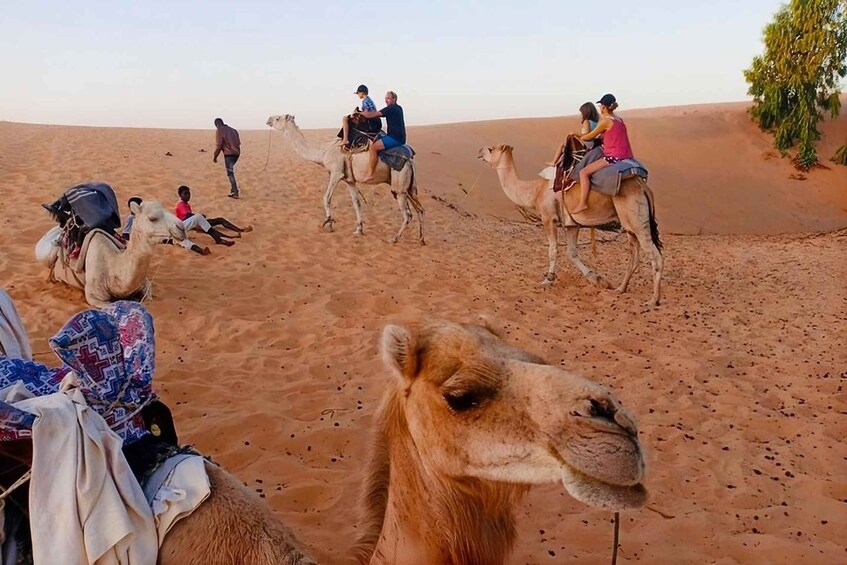 A desert landscape with people riding camels. 4
