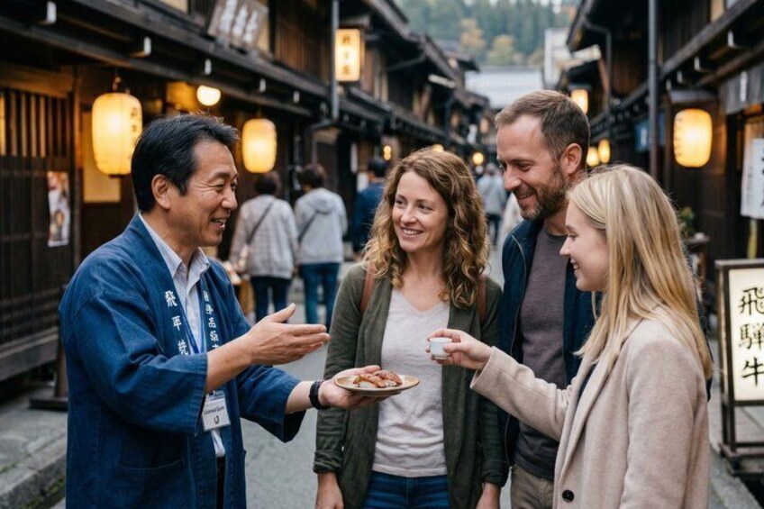 A group of people in a traditional Japanese alleyway with wooden buildings and hanging lanterns. 1