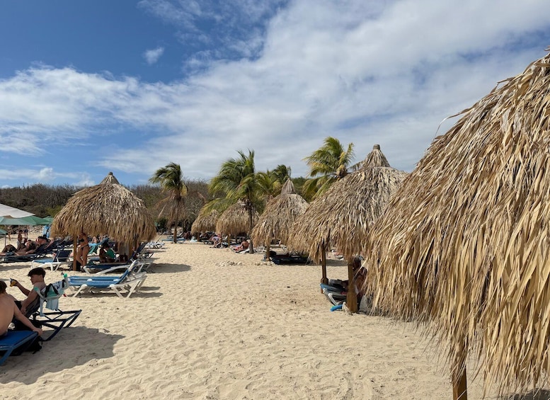 A beach with thatched umbrellas and lounge chairs. 5